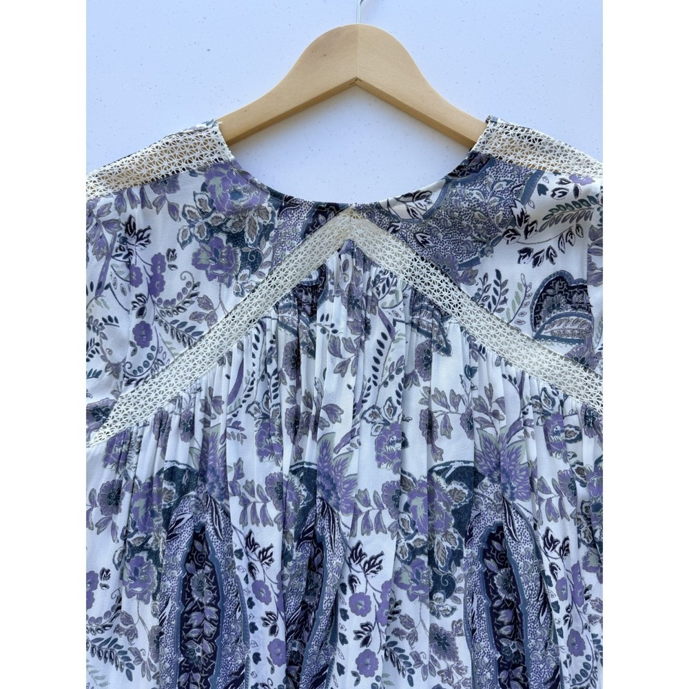 Free People Rain or Shine Peasant Lace Up Dress S Purple Paisley Boho Crochet - Picture 6 of 13